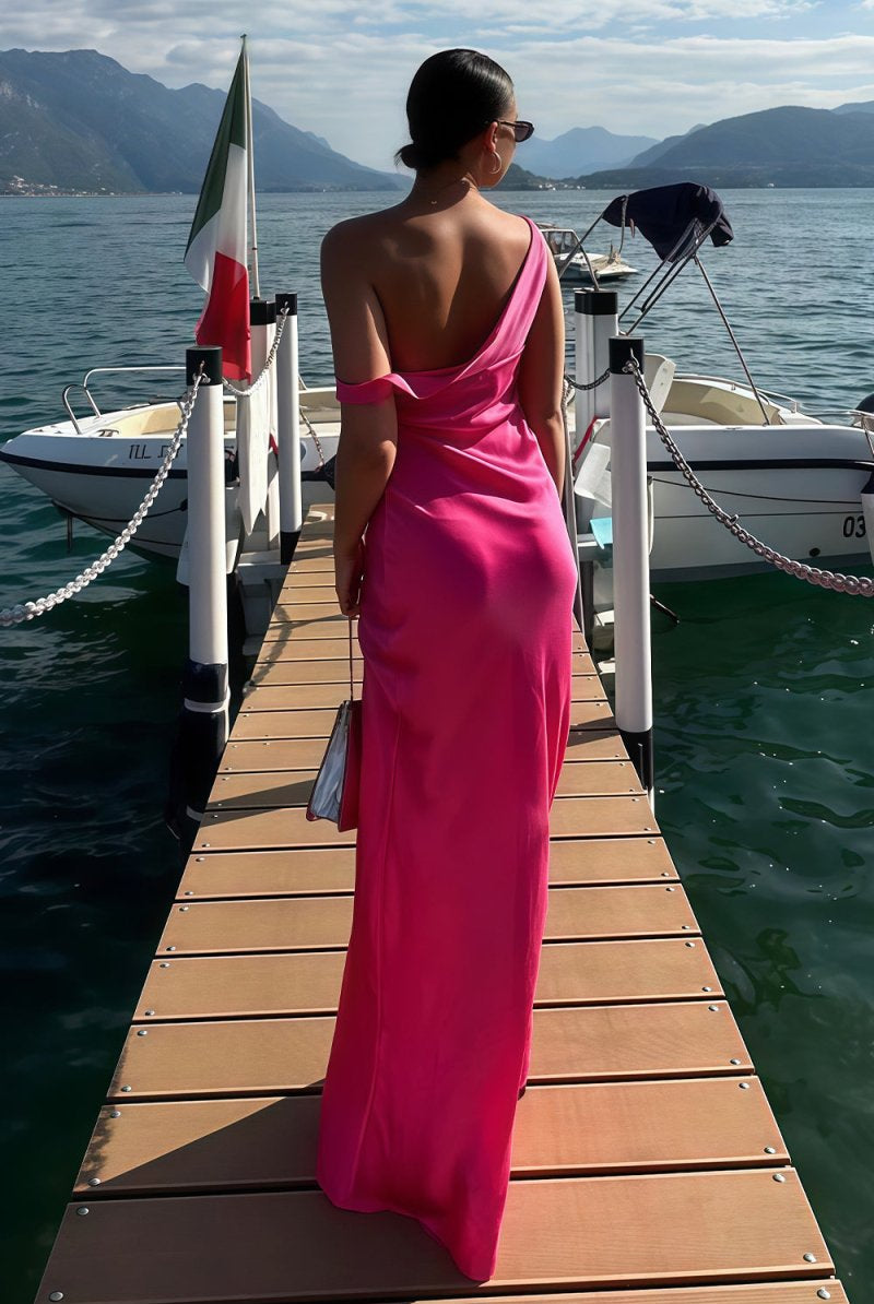 Calira | Fuchsia - One Shoulder Sheath Satin Long Prom Dresses - KissProm
