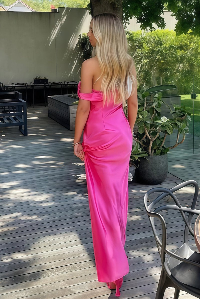 Calira | Fuchsia - One Shoulder Sheath Satin Long Prom Dresses - KissProm