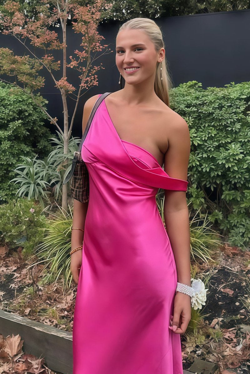 Calira | Fuchsia - One Shoulder Sheath Satin Long Prom Dresses - KissProm