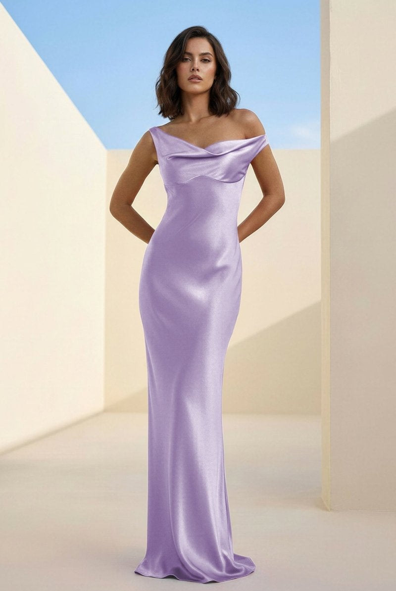 Calira | Fuchsia - One Shoulder Sheath Satin Long Prom Dresses - KissProm