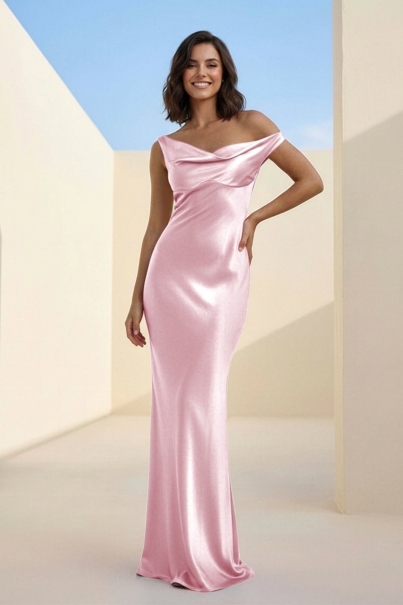 Calira | Fuchsia - One Shoulder Sheath Satin Long Prom Dresses - KissProm