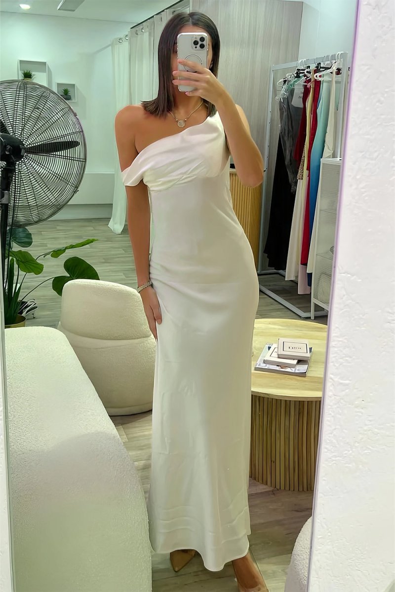 Calira | White - One Shoulder Sheath Satin Long Prom Dresses - KissProm