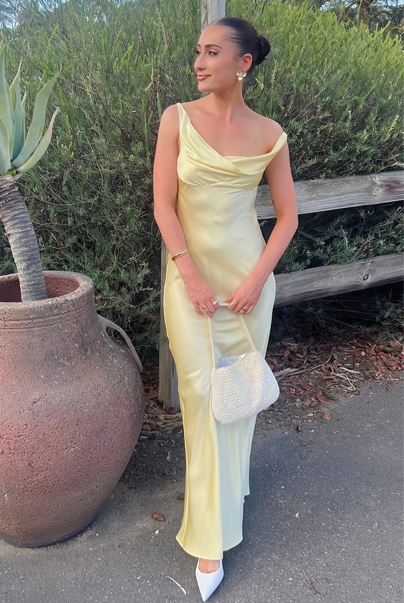 Calira | Yellow - One Shoulder Sheath Satin Long Prom Dresses - KissProm