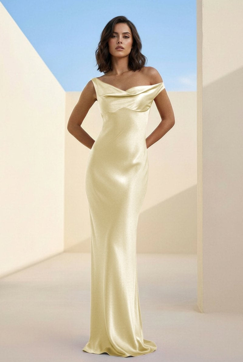 Calira | Fuchsia - One Shoulder Sheath Satin Long Prom Dresses - KissProm