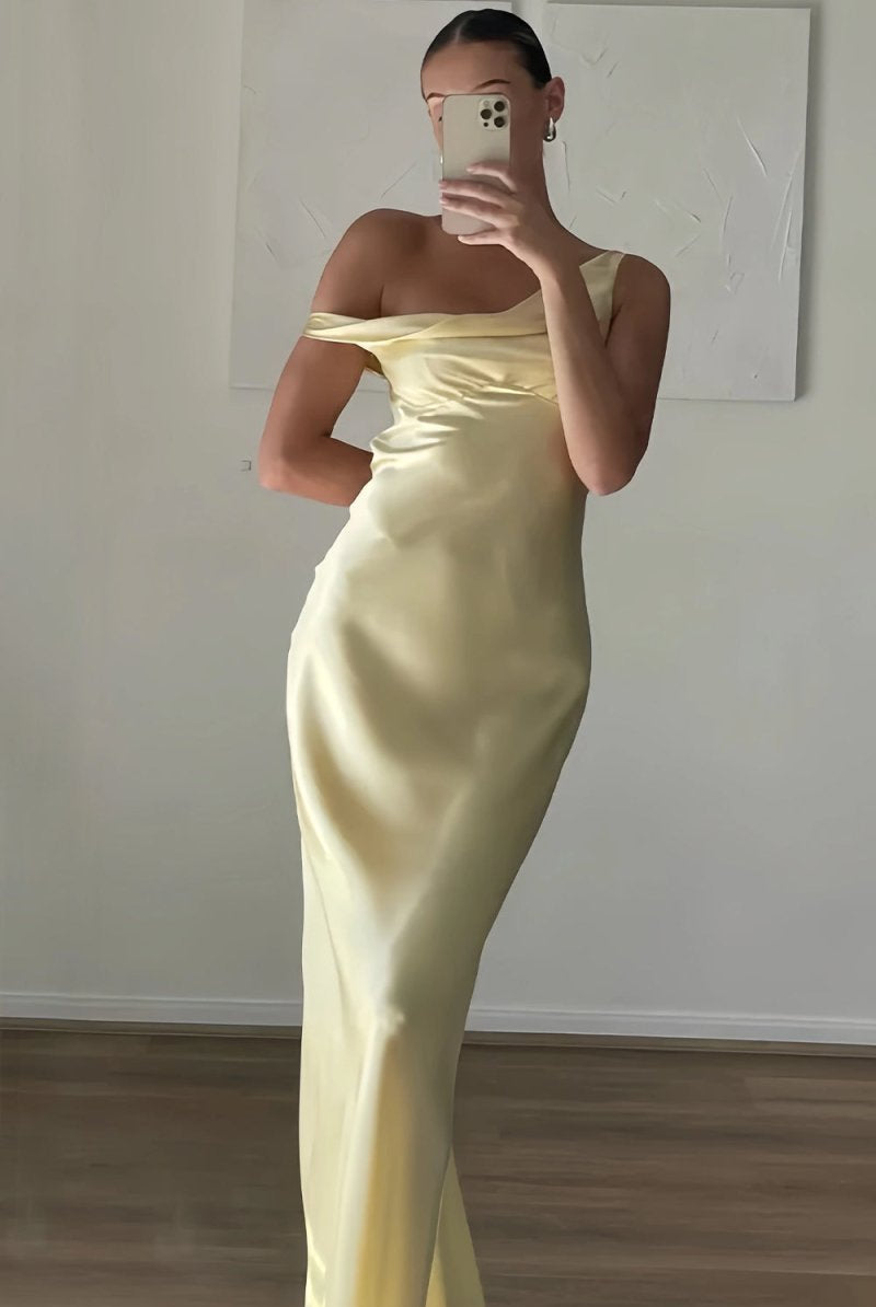 Calira | Yellow - One Shoulder Sheath Satin Long Prom Dresses - KissProm