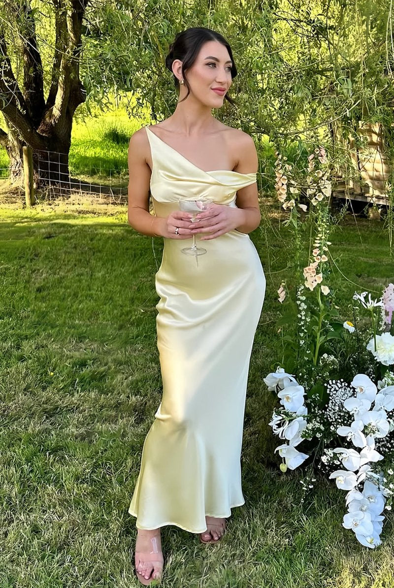 Calira | Yellow - One Shoulder Sheath Satin Long Prom Dresses - KissProm