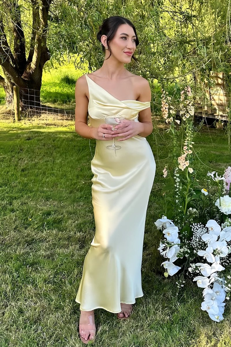 Calira | Yellow - One Shoulder Sheath Satin Long Prom Dresses - KissProm