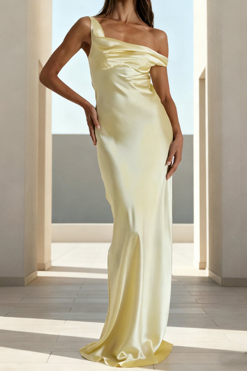 Calira | Yellow - One Shoulder Sheath Satin Long Prom Dresses - KissProm