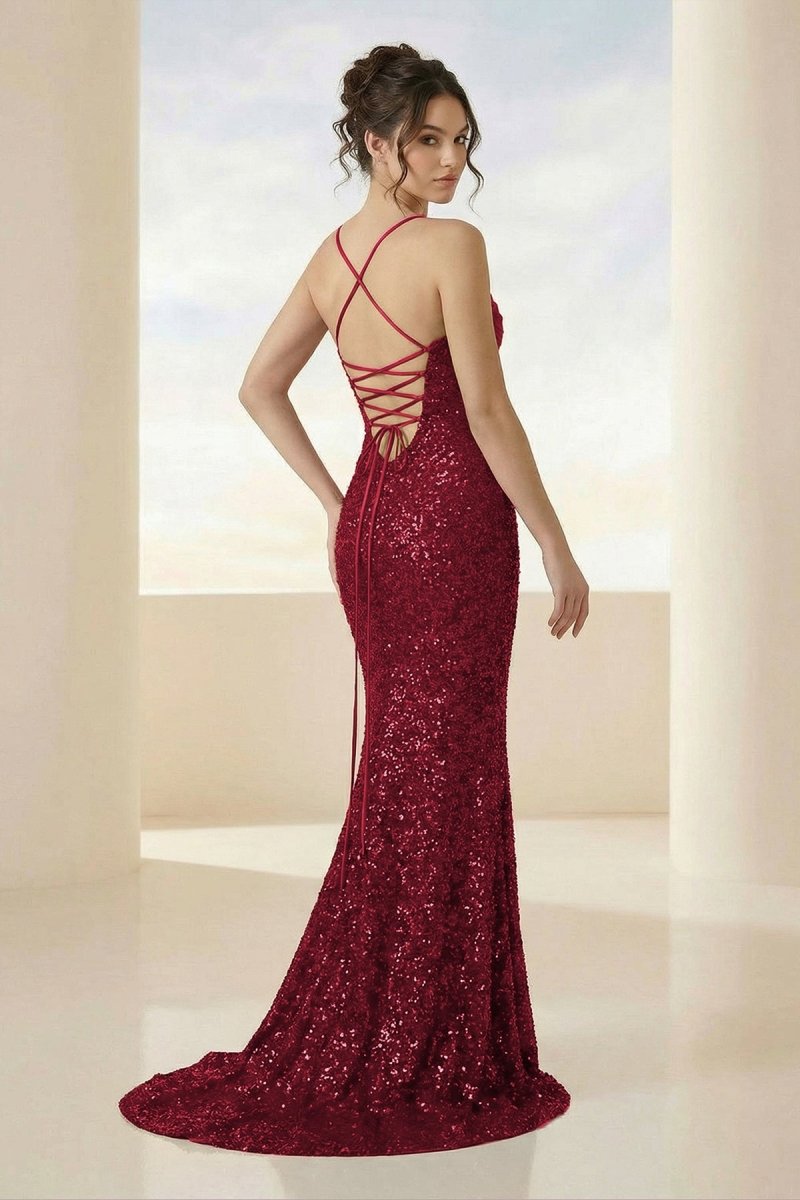 Calisyn | Burgundy - Spaghetti Straps Sequins Mermaid Long Formal Prom Dresses With Slit-KissProm