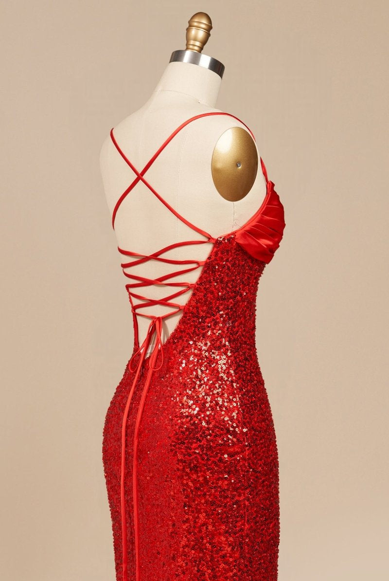 Calisyn | Red - Spaghetti Straps Sequins Mermaid Long Formal Prom Dresses With Slit - KissProm