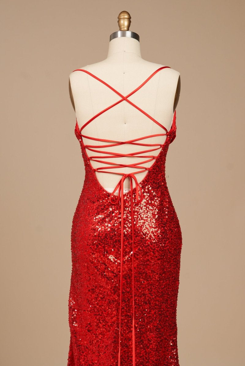 Calisyn | Red - Spaghetti Straps Sequins Mermaid Long Formal Prom Dresses With Slit - KissProm