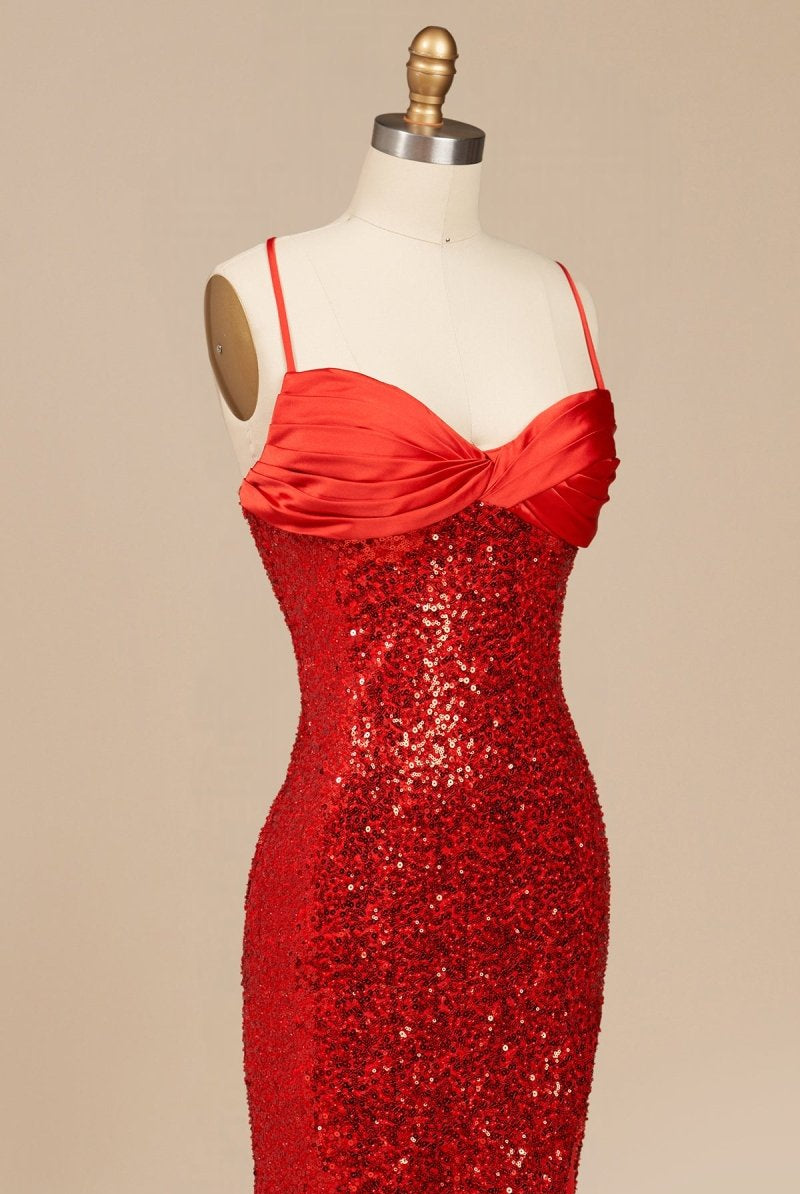 Calisyn | Red - Spaghetti Straps Sequins Mermaid Long Formal Prom Dresses With Slit - KissProm