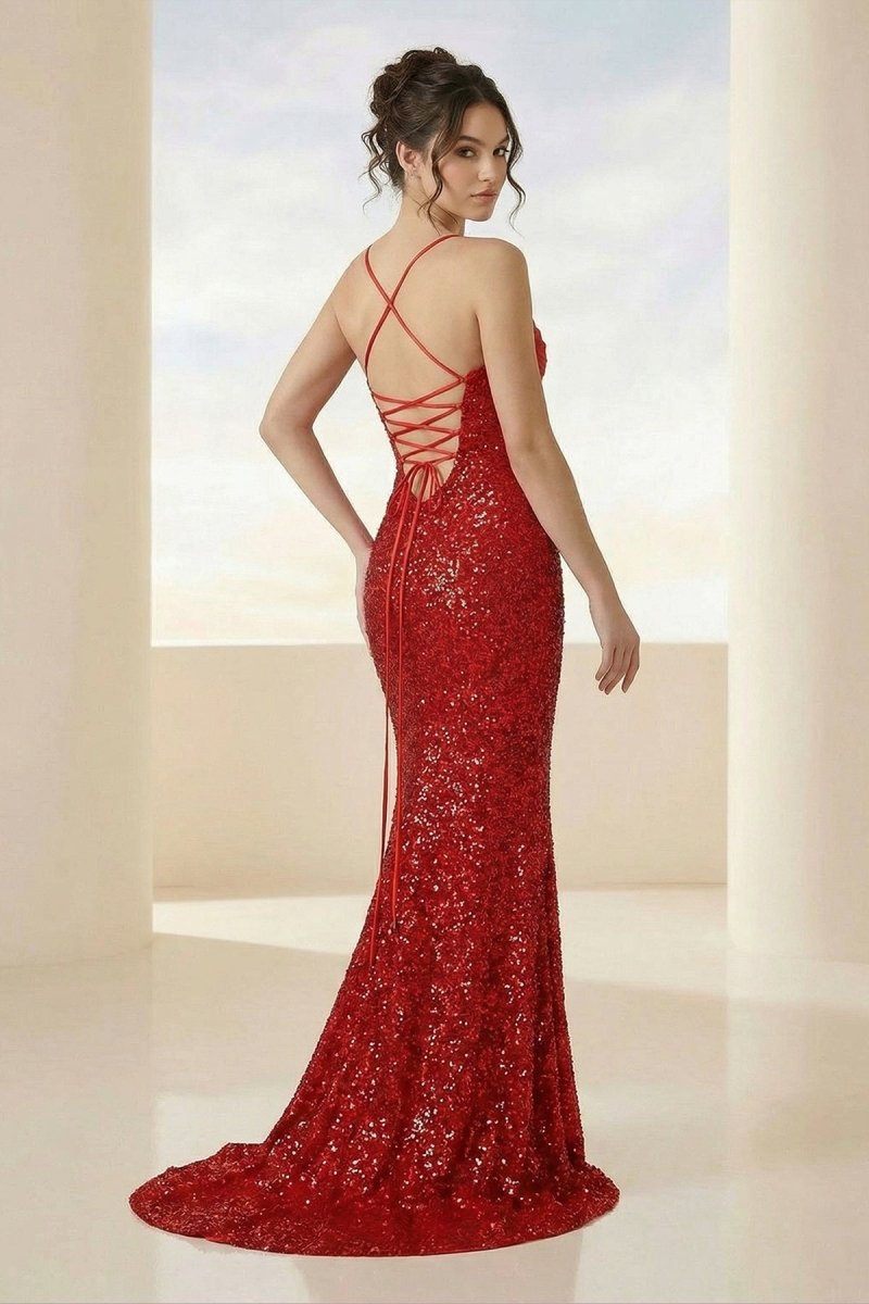 Calisyn | Red - Spaghetti Straps Sequins Mermaid Long Formal Prom Dresses With Slit – Prom Dress by KissProm | Available at KissProm
