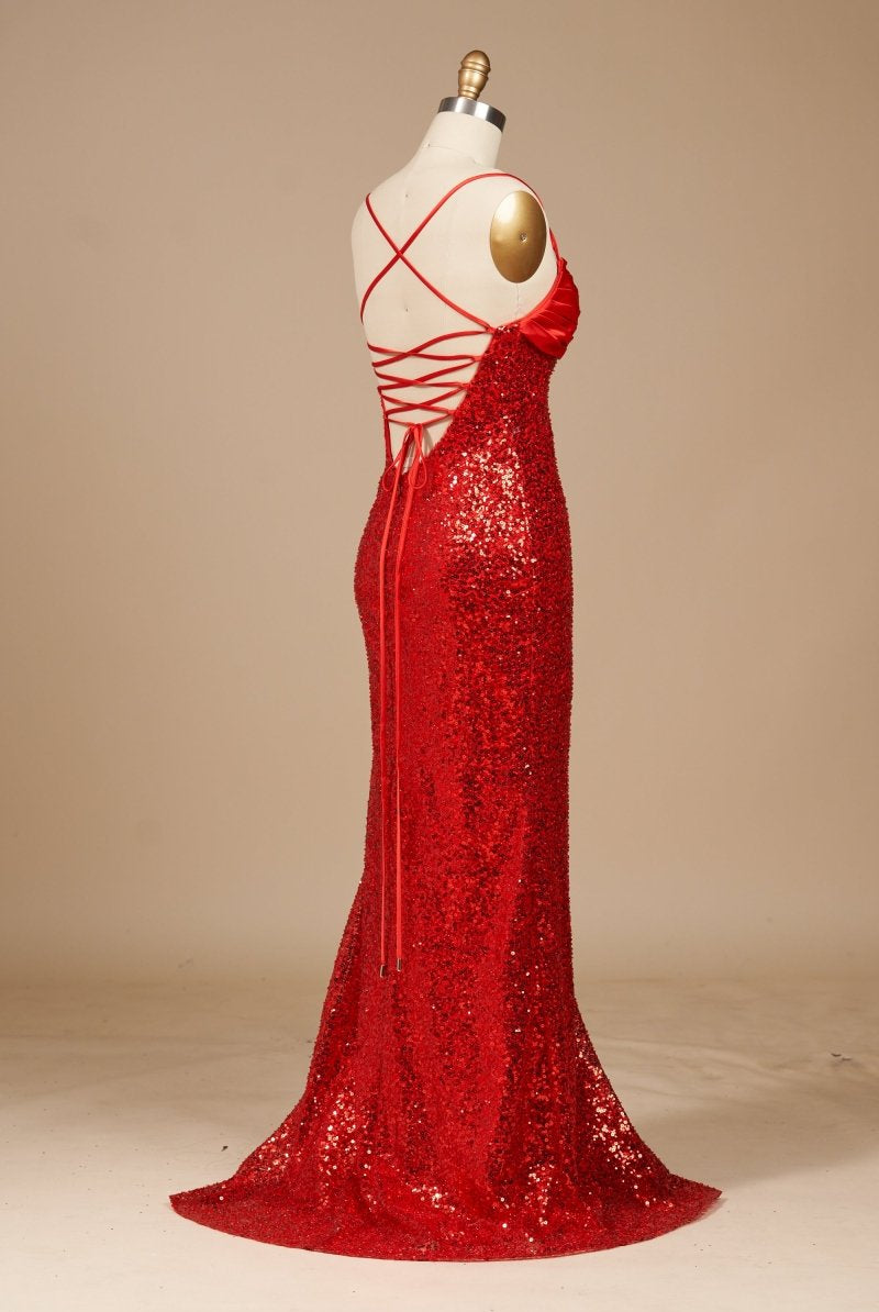 Calisyn | Red - Spaghetti Straps Sequins Mermaid Long Formal Prom Dresses With Slit - KissProm