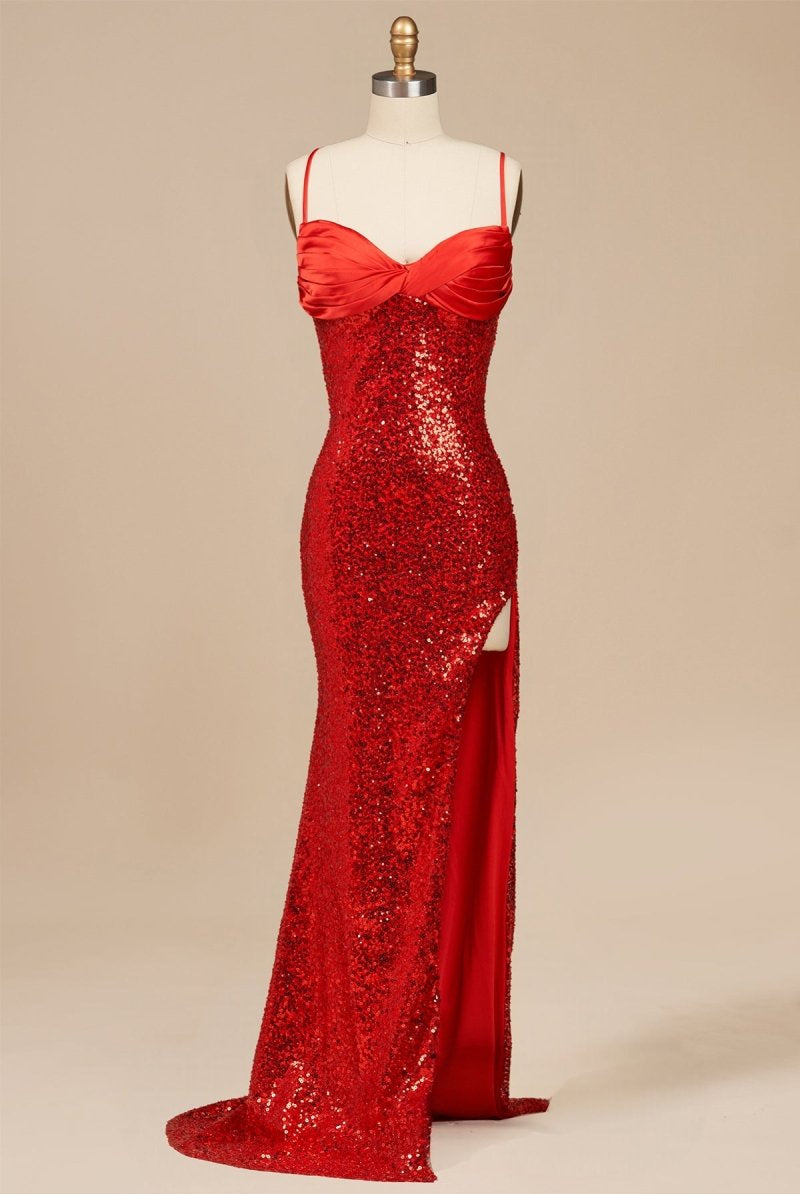 Calisyn | Red - Spaghetti Straps Sequins Mermaid Long Formal Prom Dresses With Slit - KissProm