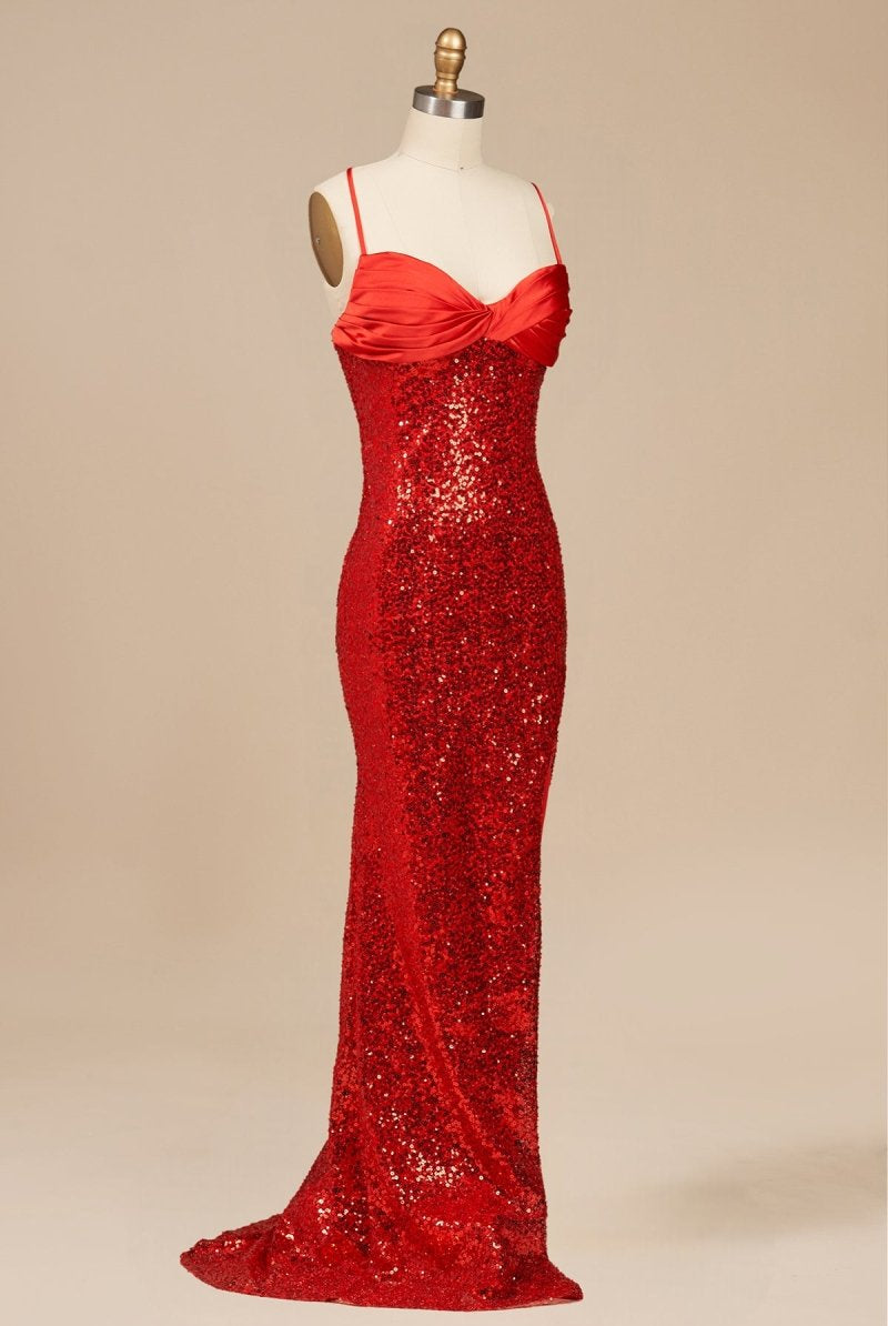 Calisyn | Red - Spaghetti Straps Sequins Mermaid Long Formal Prom Dresses With Slit - KissProm