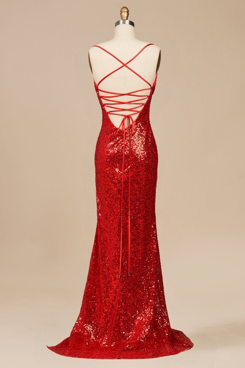 Calisyn | Red - Spaghetti Straps Sequins Mermaid Long Formal Prom Dresses With Slit - KissProm