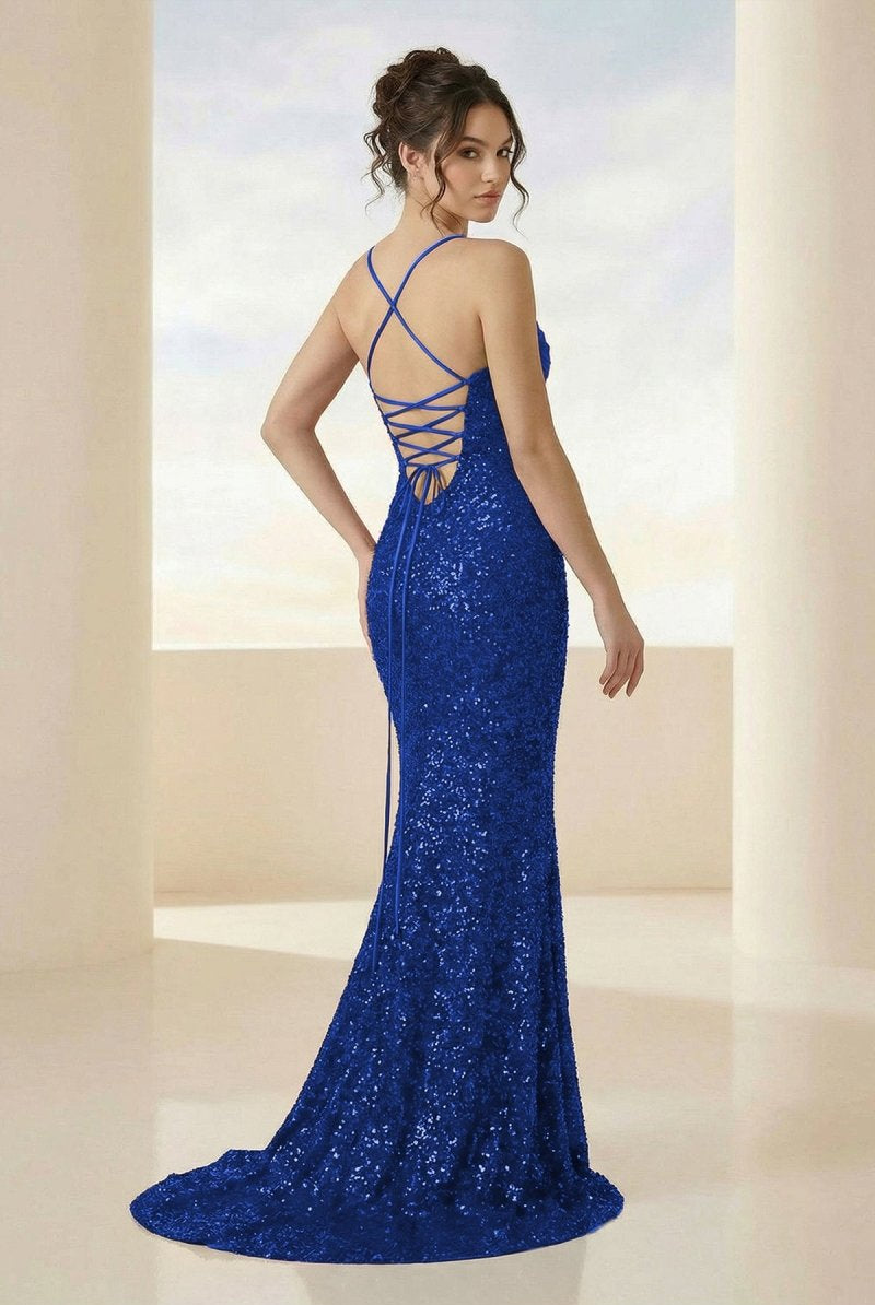 Calisyn | Royal Blue - Spaghetti Straps Sequins Mermaid Long Formal Prom Dresses With Slit-KissProm