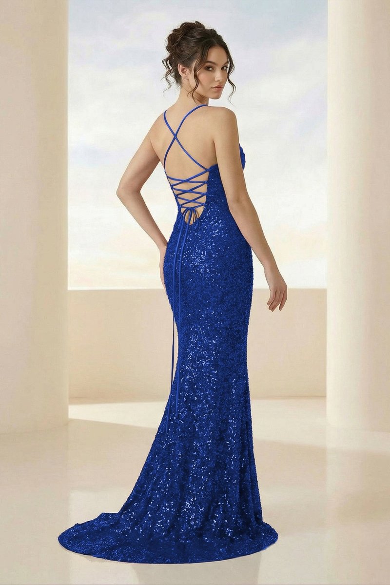 Calisyn | Royal Blue - Spaghetti Straps Sequins Mermaid Long Formal Prom Dresses With Slit-KissProm