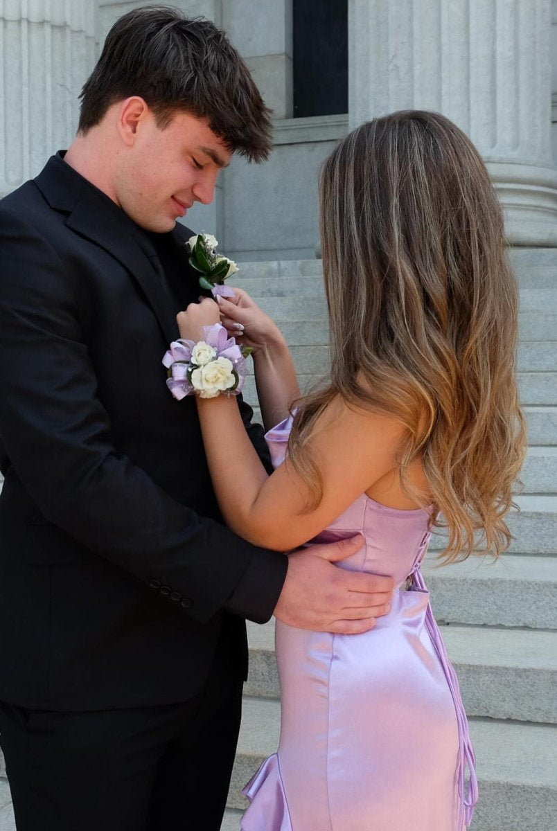 Calivia | Lavender Mermaid Straps Cowl Neck Satin Long Prom Dress - KissProm