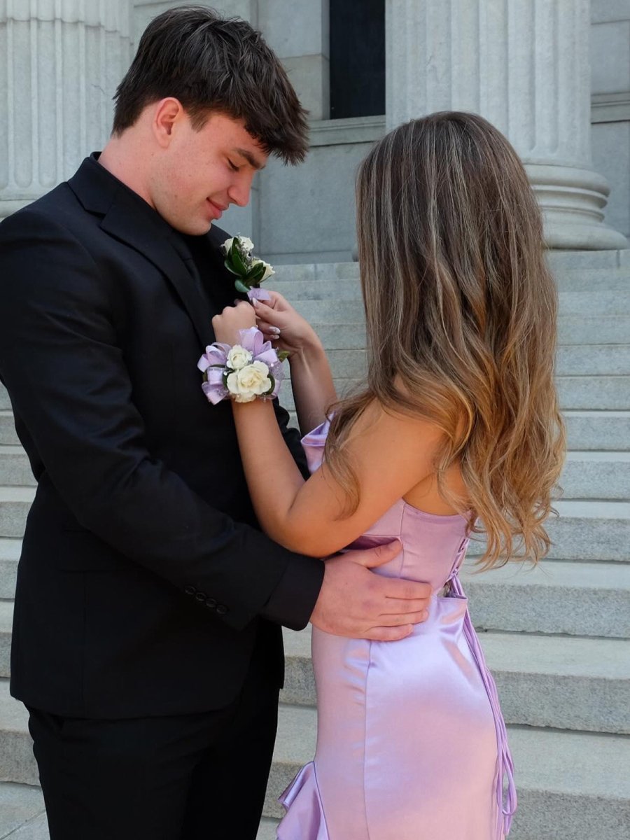 Calivia | Lavender Mermaid Straps Cowl Neck Satin Long Prom Dress - KissProm