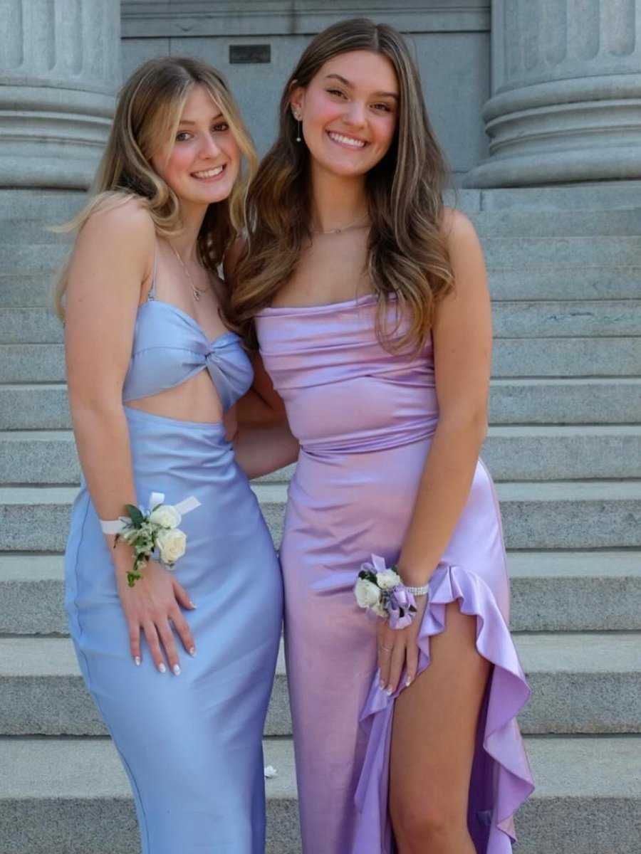 Calivia | Lavender Mermaid Straps Cowl Neck Satin Long Prom Dress - KissProm