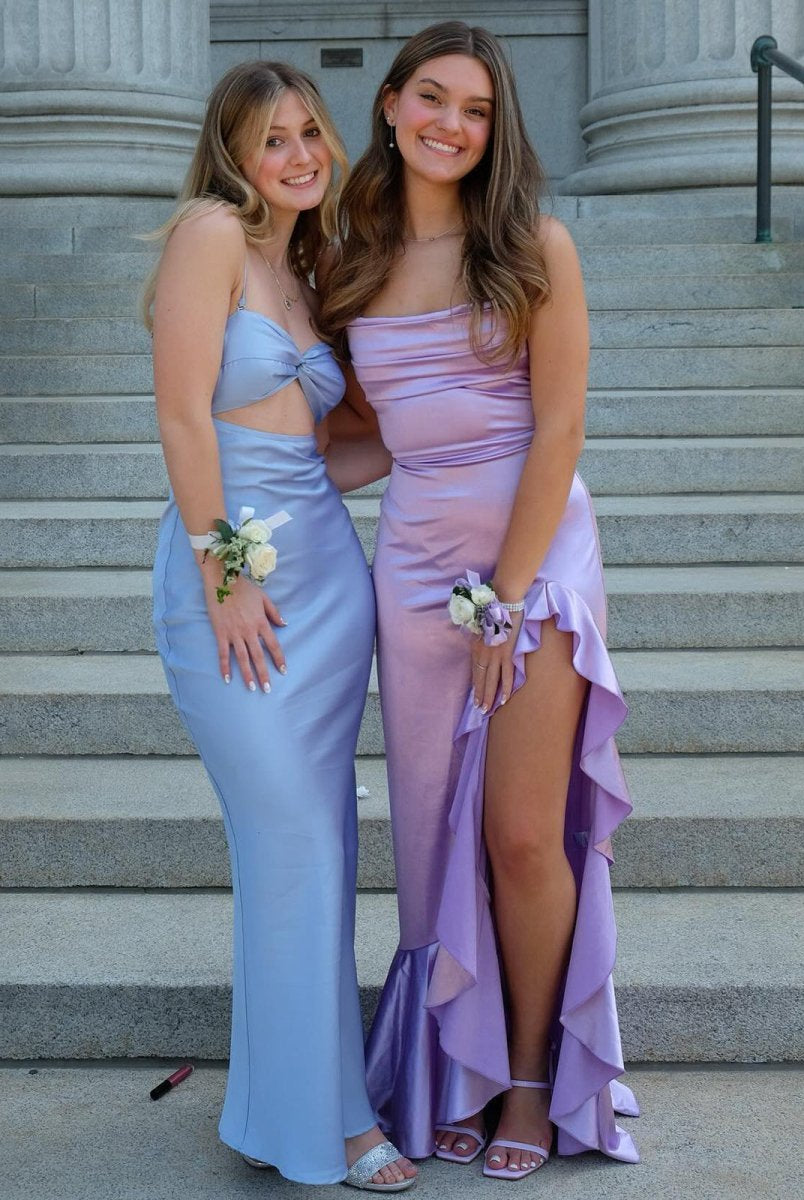 Calivia | Lavender Mermaid Straps Cowl Neck Satin Long Prom Dress - KissProm