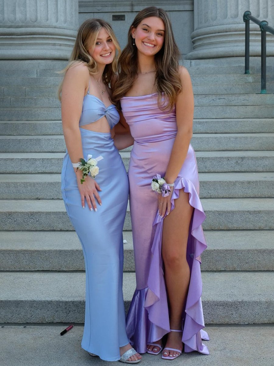 Calivia | Lavender Mermaid Straps Cowl Neck Satin Long Prom Dress - KissProm
