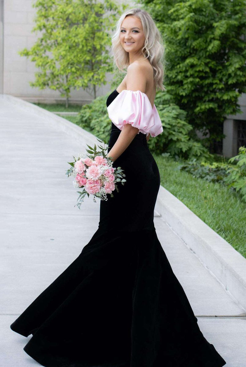 Calix | Black Mermaid Velvet Long Prom Dress with Detachable Sleeves - KissProm