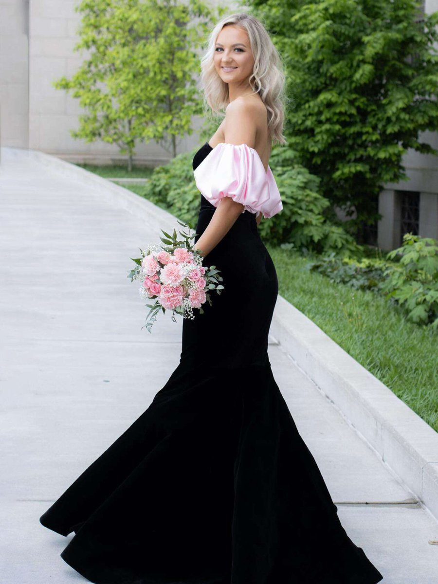 Calix | Black Mermaid Velvet Long Prom Dress with Detachable Sleeves - KissProm