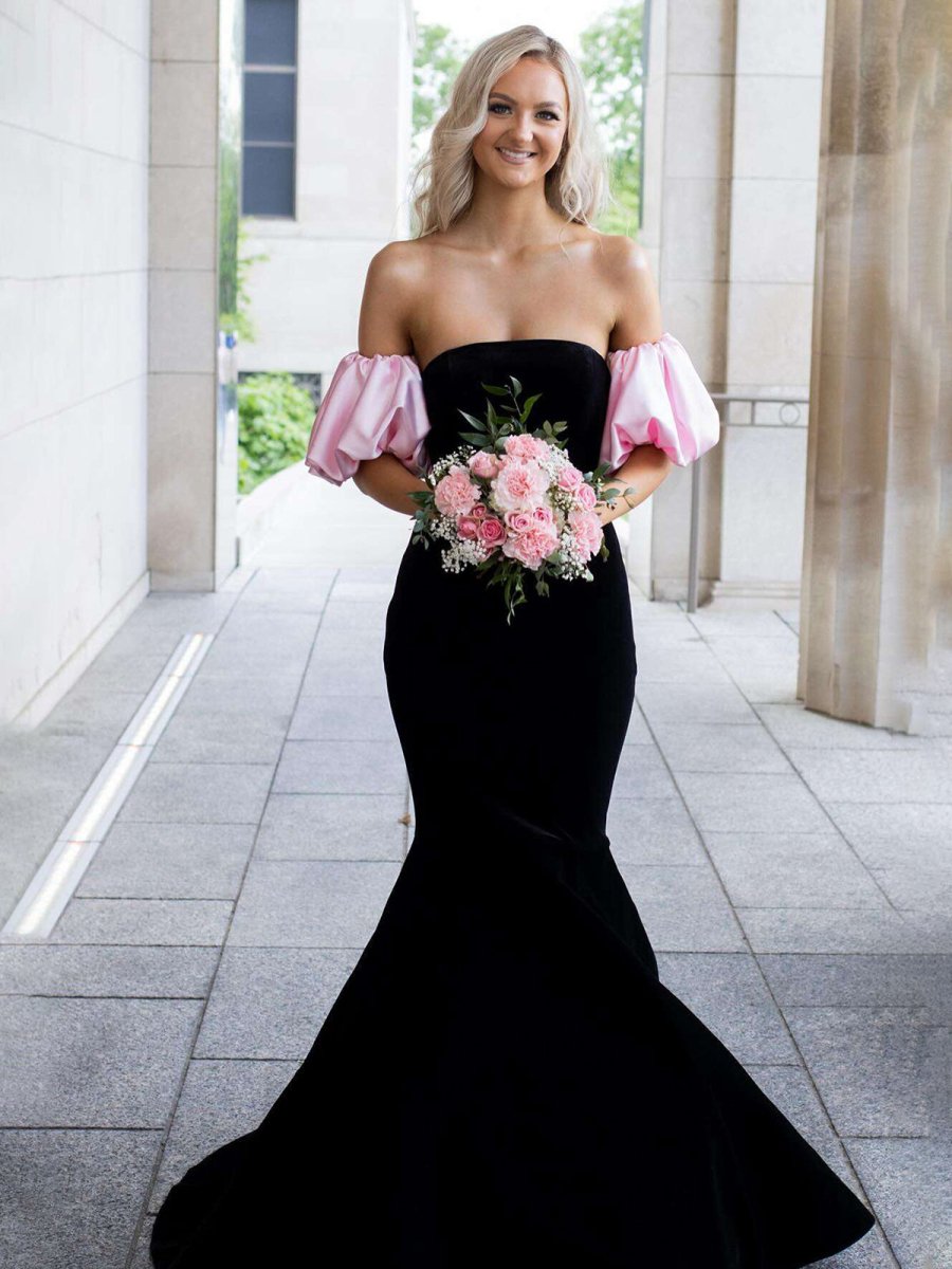 Calix | Black Mermaid Velvet Long Prom Dress with Detachable Sleeves - KissProm