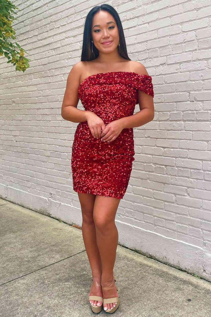One Shoulder Burgundy Sequins Bodycon Mini Party Dresses One Shoulder Burgundy Sequins Bodycon Mini Party Dresses