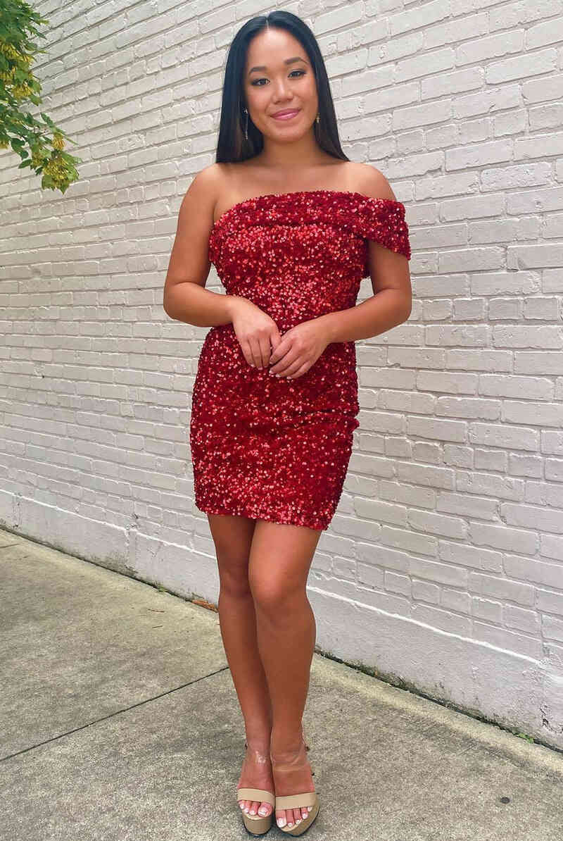 Callista | Off the Shoulder Burgundy Sequins Bodycon Homecoming Dress