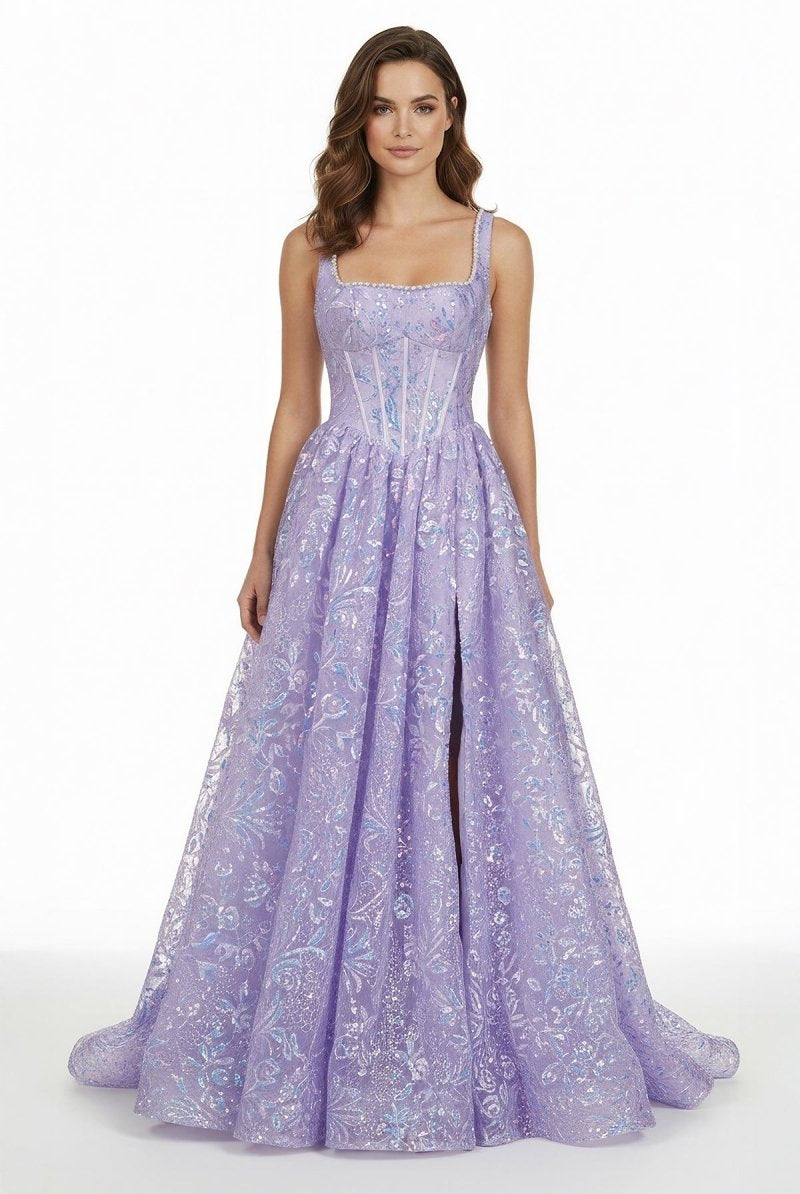 Calyn | Lilac - Square Neck A Line Sequined Long Formal Prom Dresses With Pearls - KissProm