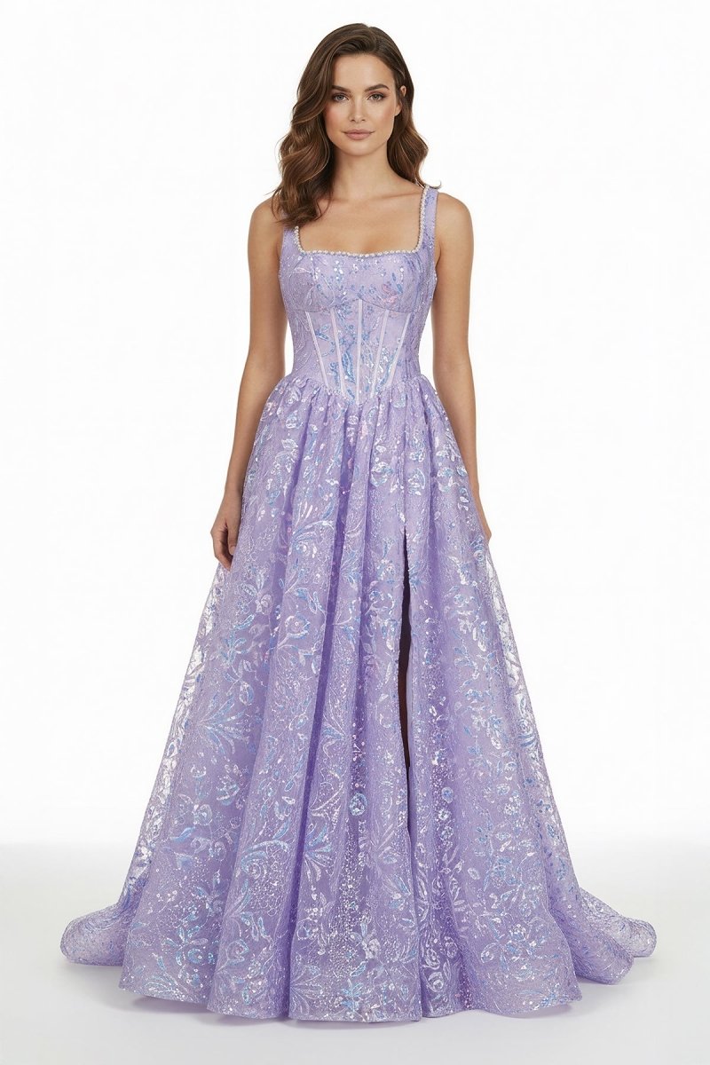 Calyn | Lilac - Square Neck A Line Sequined Long Formal Prom Dresses With Pearls - KissProm