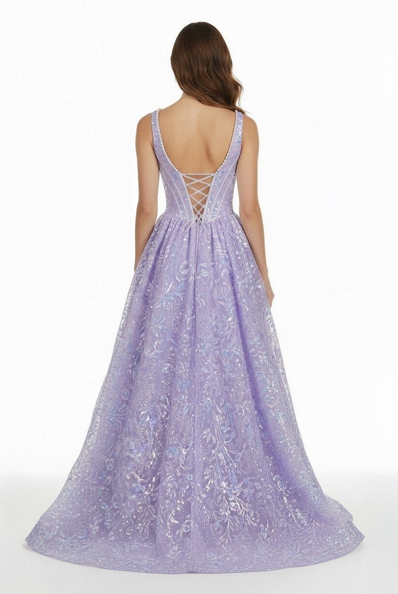 Calyn | Lilac - Square Neck A Line Sequined Long Formal Prom Dresses With Pearls - KissProm