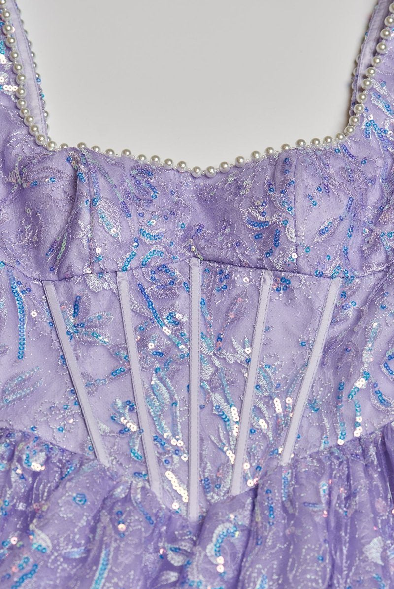 Calyn | Lilac - Square Neck A Line Sequined Long Formal Prom Dresses With Pearls - KissProm