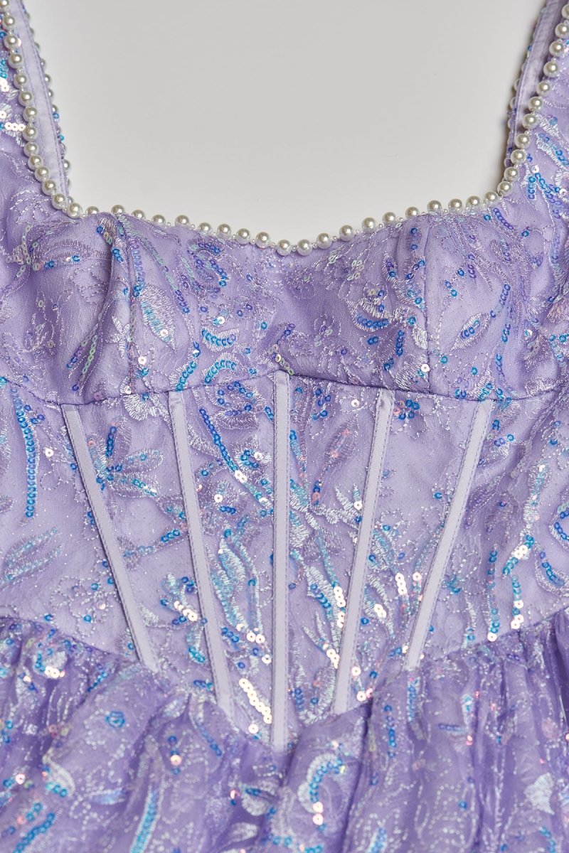 Calyn | Lilac - Square Neck A Line Sequined Long Formal Prom Dresses With Pearls - KissProm