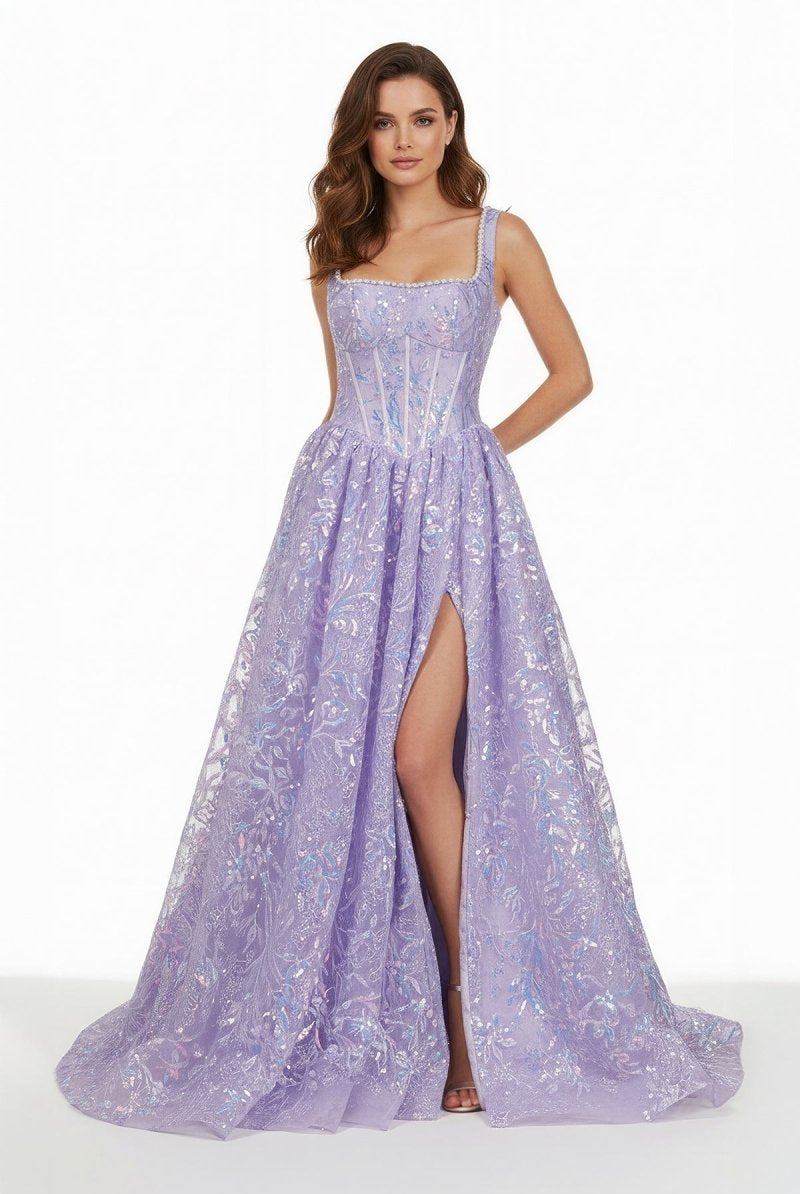 Calyn | Lilac - Square Neck A Line Sequined Long Formal Prom Dresses With Pearls - KissProm