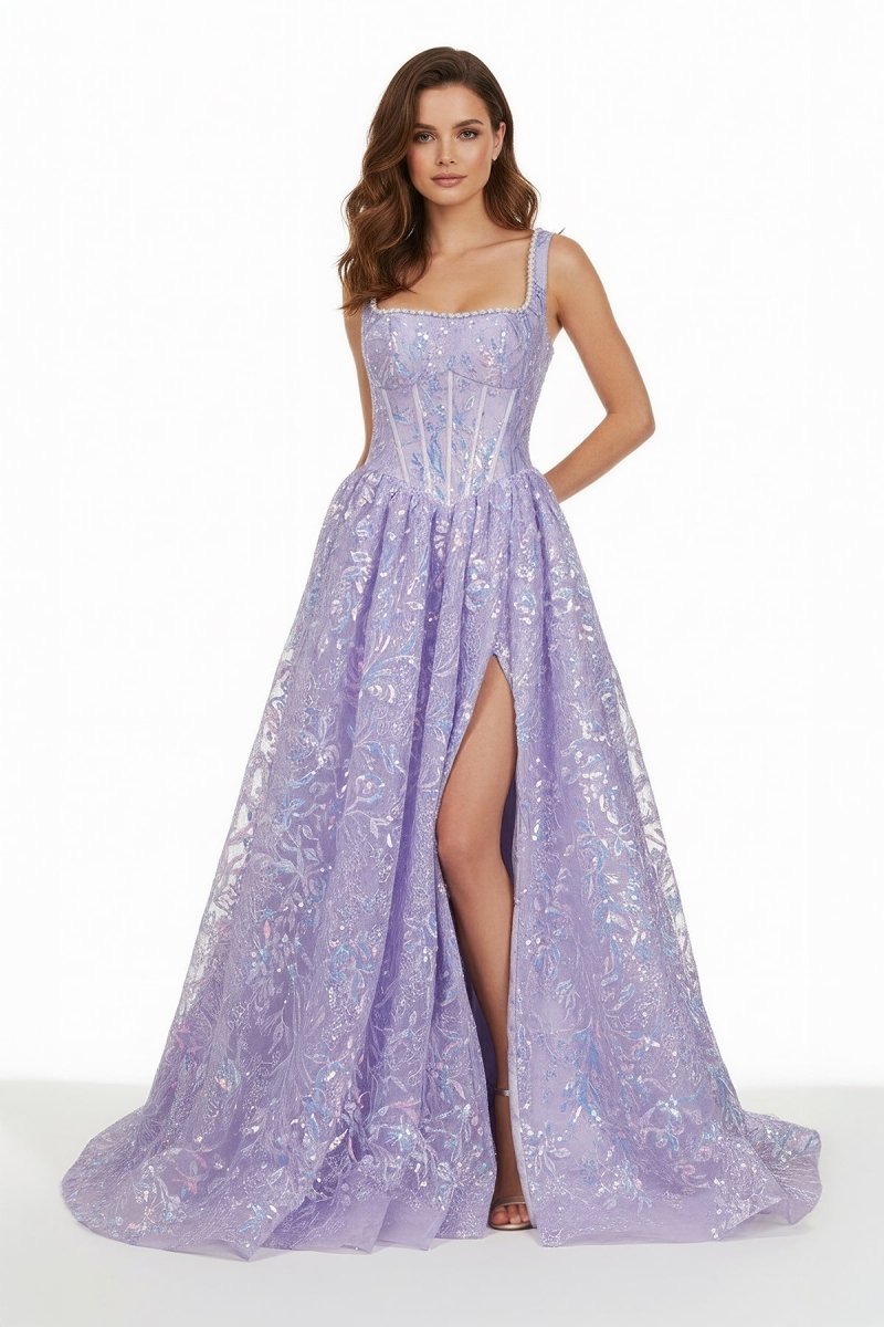 Calyn | Lilac - Square Neck A Line Sequined Long Formal Prom Dresses With Pearls - KissProm