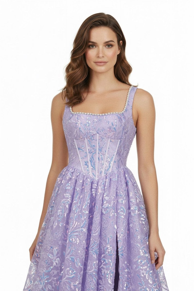 Calyn | Lilac - Square Neck A Line Sequined Long Formal Prom Dresses With Pearls - KissProm