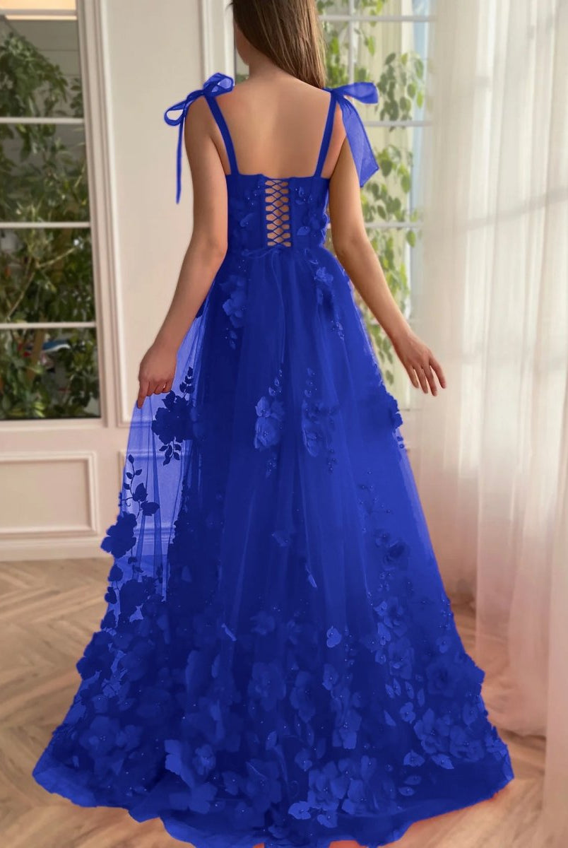 Cameron | Scarlet Lace A-line 3D Flower Long Prom Dress With Slit