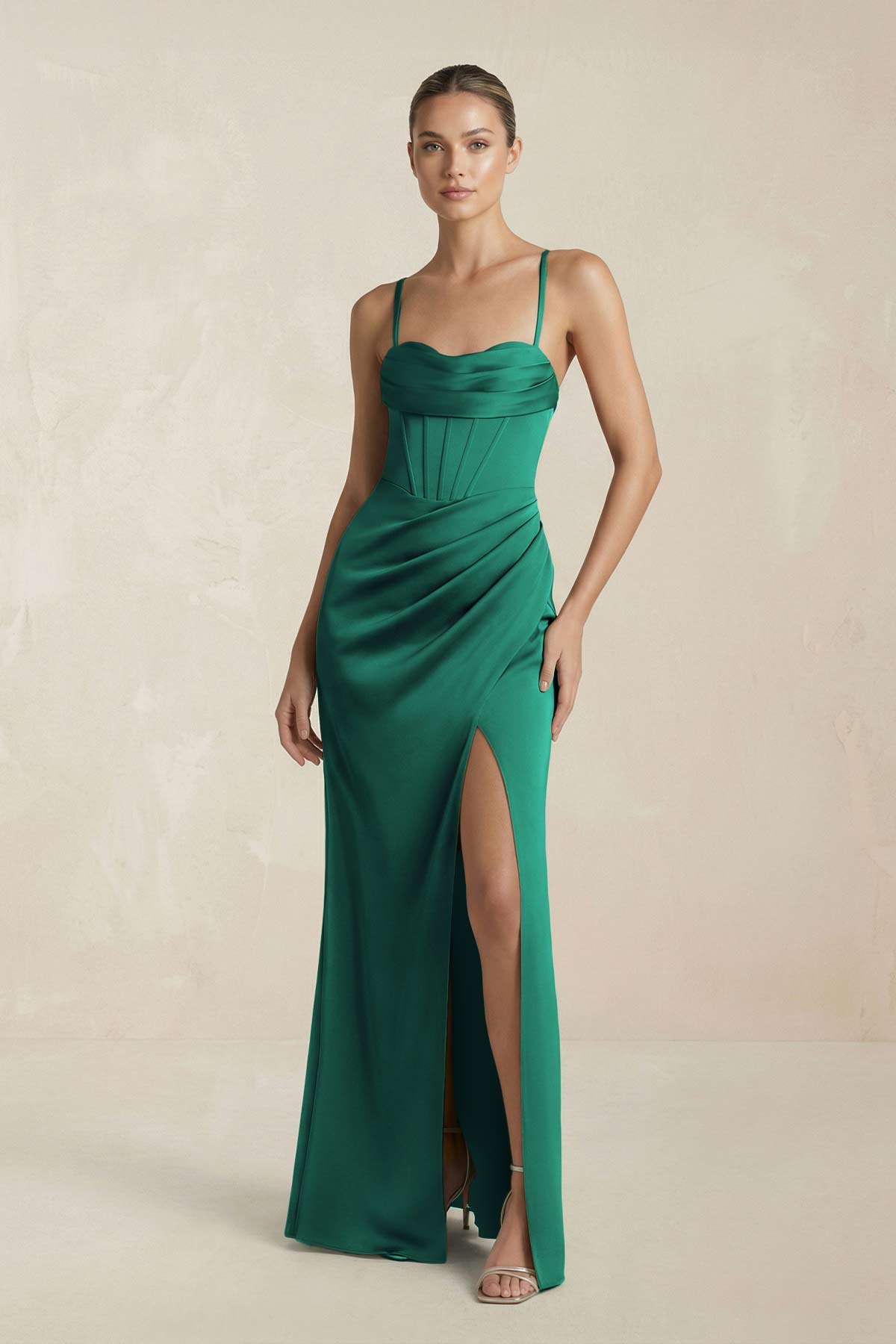 KissProm Cami Strap Corset Sheath Satin Ruched Bridesmaid Dress in Dark Green, Dark Green / 2