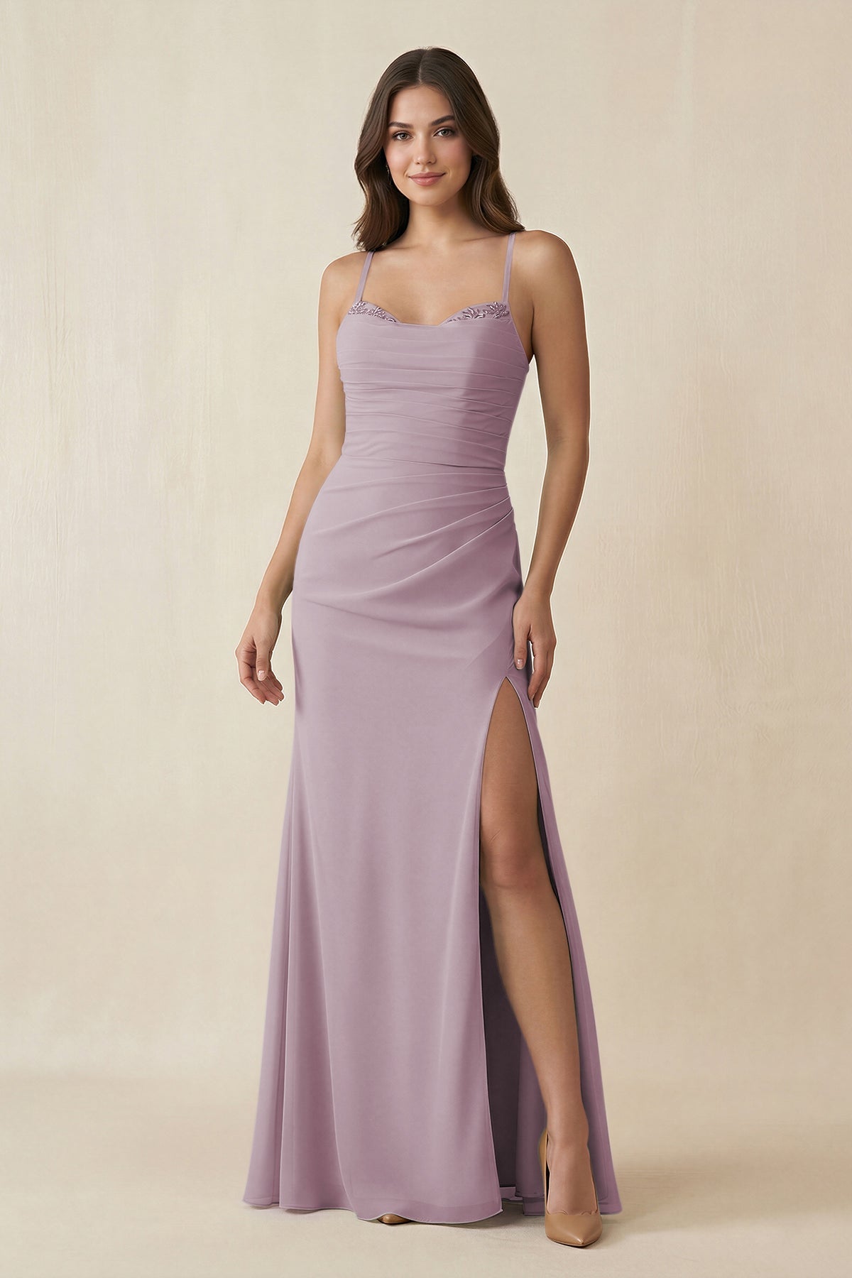 Cami Strap Sheath Chiffon Bridesmaid Dress with Slit in Dusk, Dusk / 4 Cami Strap Sheath Chiffon Bridesmaid Dress with Slit in Dusk, Dusk / 4