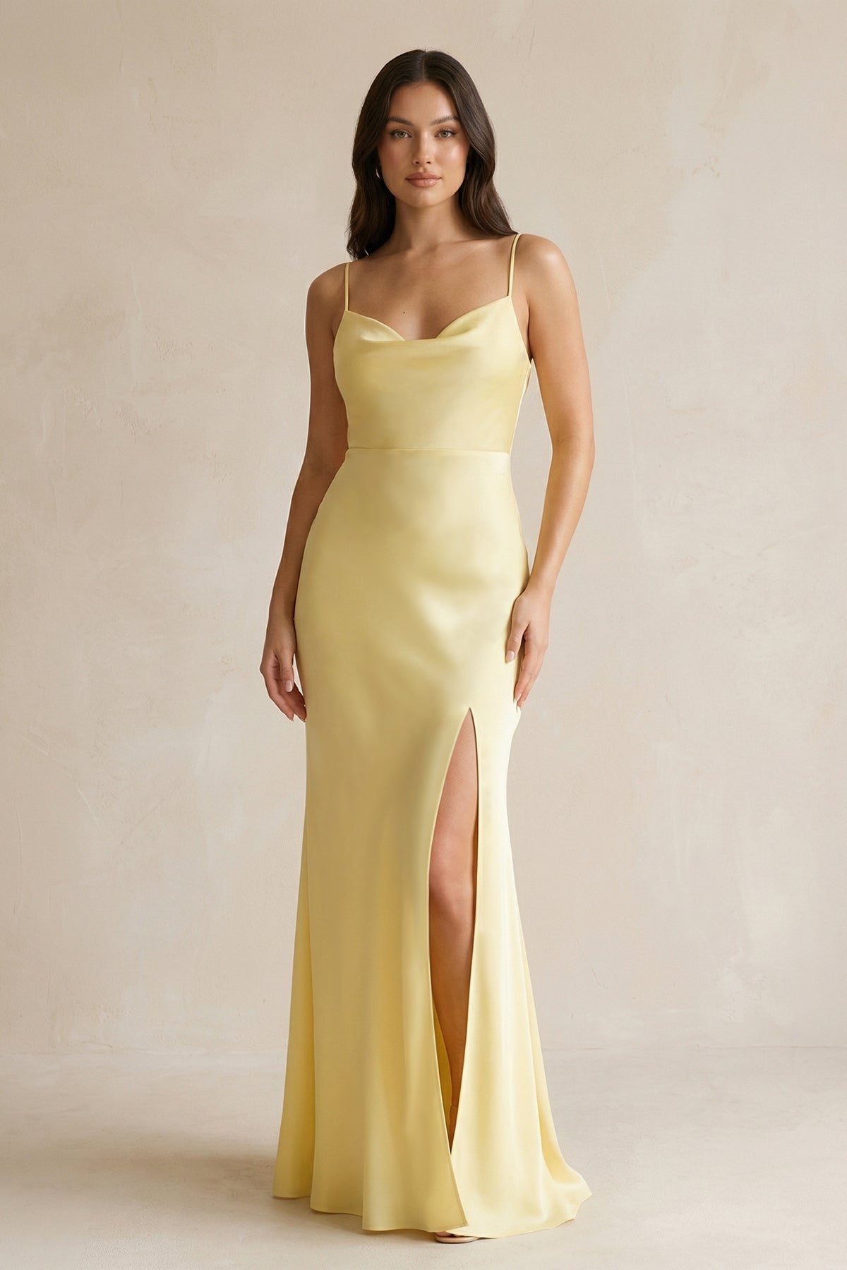 Cami Strap Sheath Satin Bridesmaid Dress With Slit in Pastel Yellow, Pastel Yellow / 6 Cami Strap Sheath Satin Bridesmaid Dress With Slit in Pastel Yellow, Pastel Yellow / 6