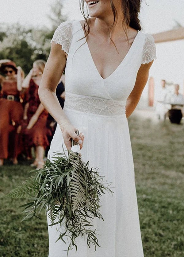 Chiffon V-Neck Short-Sleeve Wedding Dresses Cutout Back Bridal Gowns