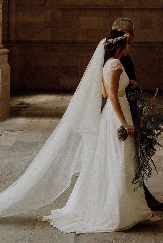 Chiffon V-Neck Short-Sleeve Wedding Dresses Cutout Back Bridal Gowns