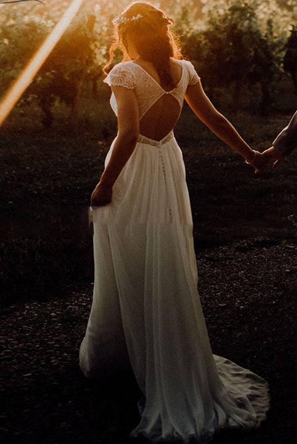Chiffon V-Neck Short-Sleeve Wedding Dresses Cutout Back Bridal Gowns