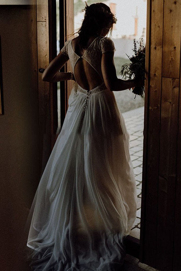 Chiffon V-Neck Short-Sleeve Wedding Dresses Cutout Back Bridal Gowns