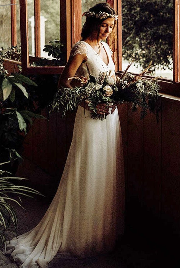 Chiffon V-Neck Short-Sleeve Wedding Dresses Cutout Back Bridal Gowns